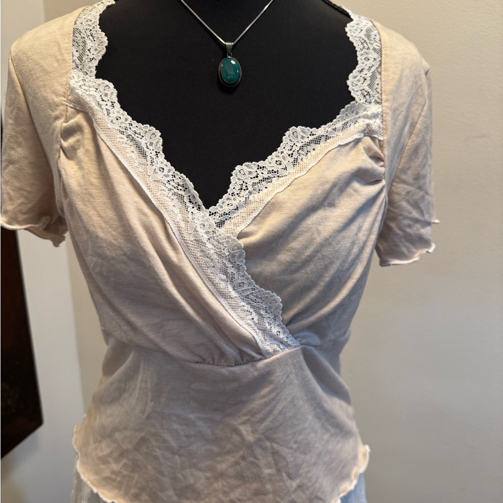 Dainty Lace Trim Wrap Top - Cream